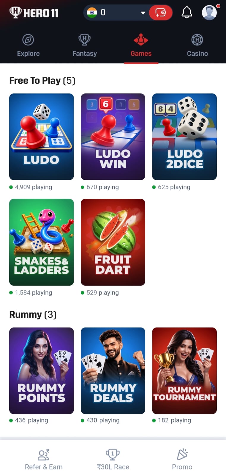 Games tab with a Rummy row of Points, Deals, and Tournament.